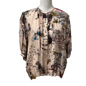 Chufy Blouse Top Womens Small Mountain Print Mock Neck 3/4 Sleeve Oversize Boho